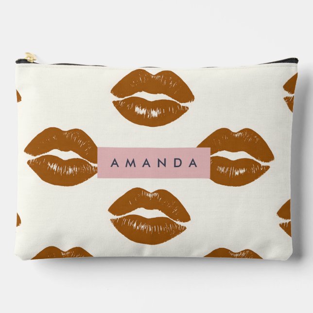 Personalised Chic Brown Lip Print Design Accessory Pouch (Front)