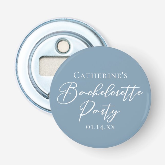 Personalised Chic Dusty Blue Bachelorette Party Bottle Opener (Front)