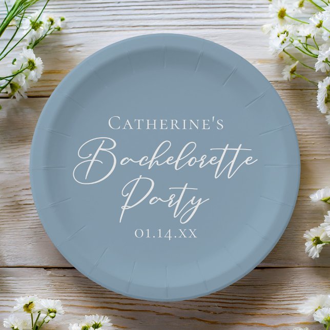 Personalised Chic Dusty Blue Bachelorette Party Paper Plate (Creator Uploaded)