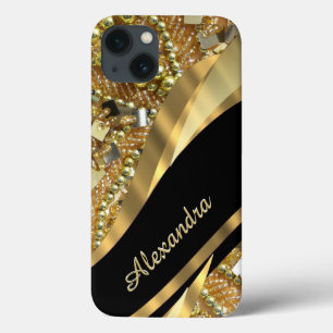 Personalised chic elegant black and gold bling iPhone 13 case