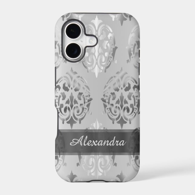 Personalised chic elegant silver grey damask (Back)
