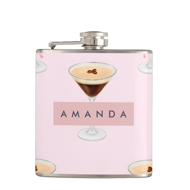 Personalised Chic Espresso Cocktail Pattern Hip Flask (Front)