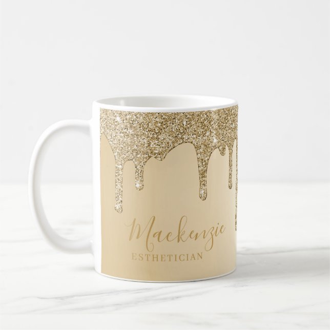 Personalised Chic Gold Sparkle Glitter Drips Coffee Mug (Left)