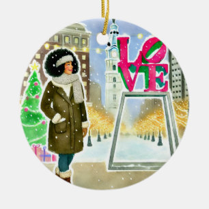 Personalised Chic Hispanic Woman at LOVE Philly Ceramic Ornament