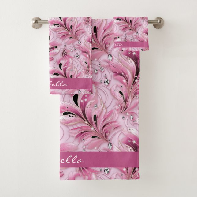 Personalised Chic Pink Glam Luxury Pattern  Bath Towel Set (Insitu)