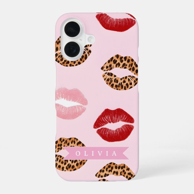 Personalised Chic Pink Leopart Print Lip Pattern iPhone 16 Case (Back)