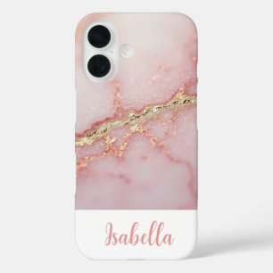 Personalised Chic Pink Marble Gold iPhone 16 Case