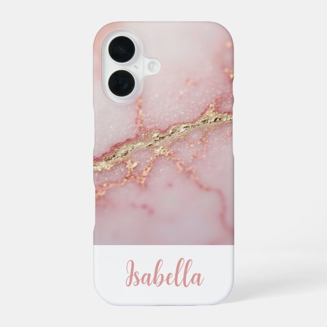 Personalised Chic Pink Marble Gold iPhone 16 Case (Back)