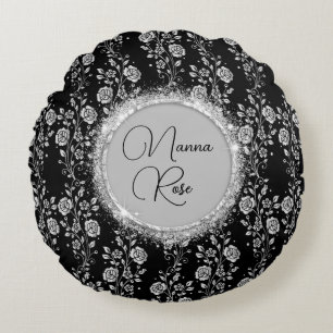 Personalised Chic Silver Floral Glitter on Black Round Cushion