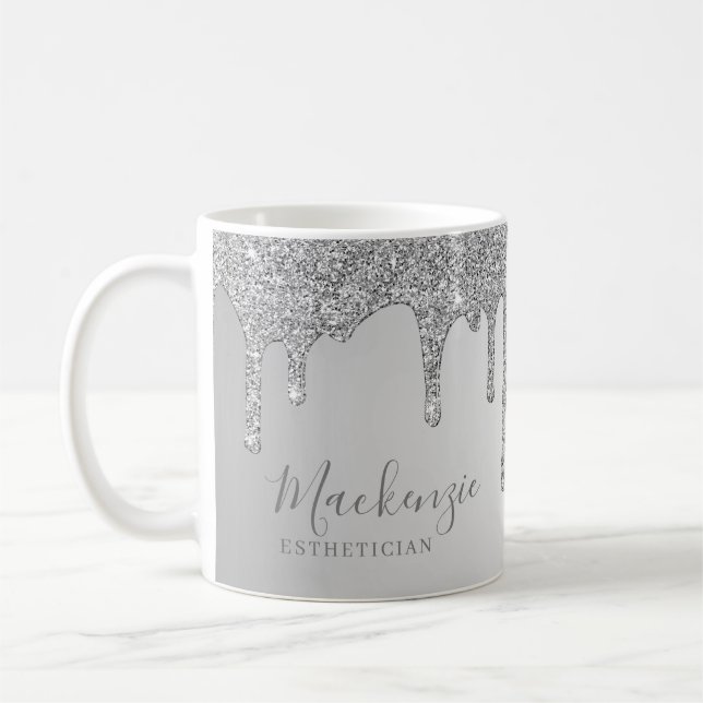 Personalised Chic Silver Sparkle Glitter Drips Coffee Mug (Left)