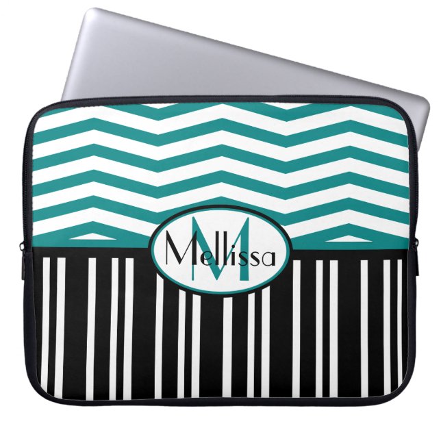 Personalised Chic teal and black  chevron stripes Laptop Sleeve (Front)