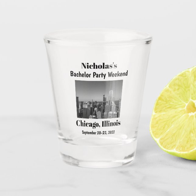 Personalised Chicago Bachelor Party Weekend Shot Glass (Front)