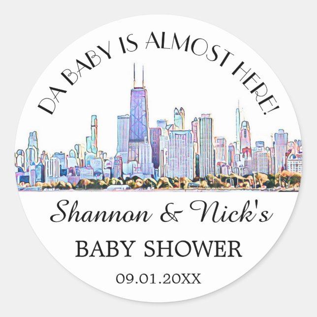 Personalised Chicago Skyline Baby Shower Classic Round Sticker (Front)