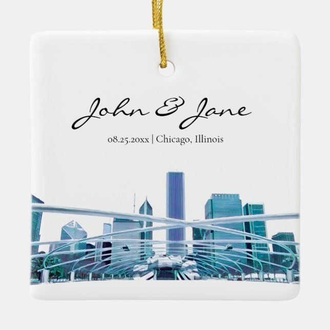 Personalised Chicago Skyline Ceramic Ornament (Front)