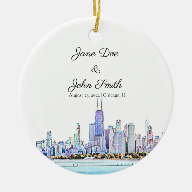 Personalised Chicago Skyline Ceramic Ornament (Front)