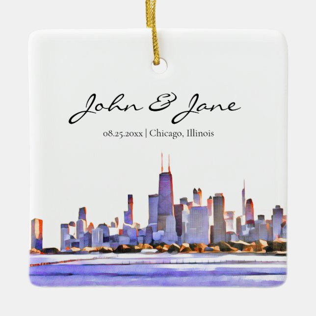 Personalised Chicago Skyline  Ceramic Ornament (Front)