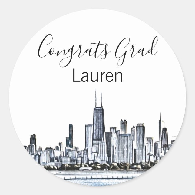 Personalised Chicago Skyline Graduation Classic Round Sticker (Front)