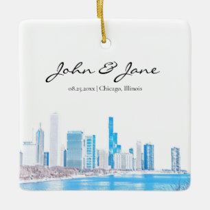 Personalised Chicago Skyline in Winter Ceramic Ornament