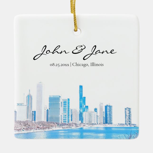 Personalised Chicago Skyline in Winter Ceramic Ornament (Front)