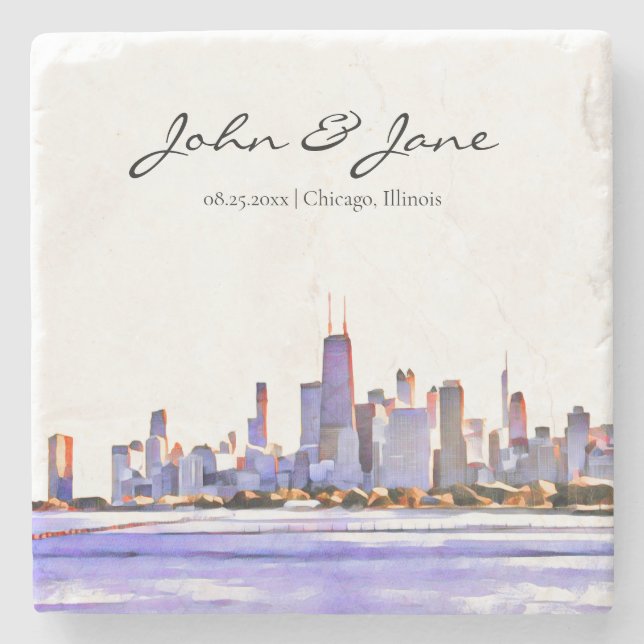 Personalised Chicago Skyline Stone Coaster (Front)