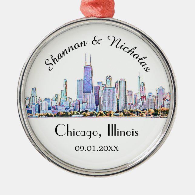 Personalised Chicago Skyline Wedding Metal Ornament (Front)
