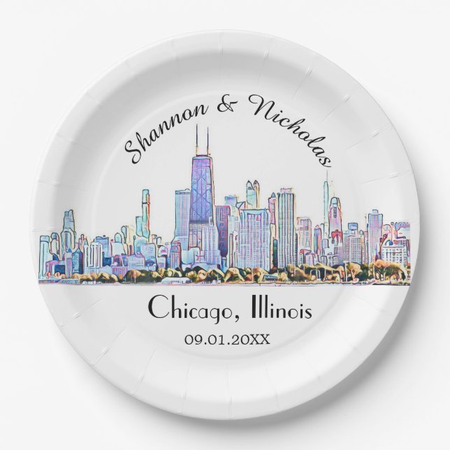 Personalised Chicago Skyline Wedding Paper Plate (Front)