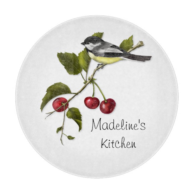 Personalised Chickadee and Cherries on Branch Cutting Board (Front)