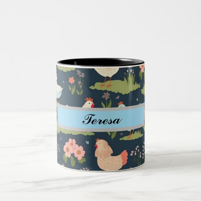 Personalised Chicken and Flowers Two-Tone Coffee Mug (Center)