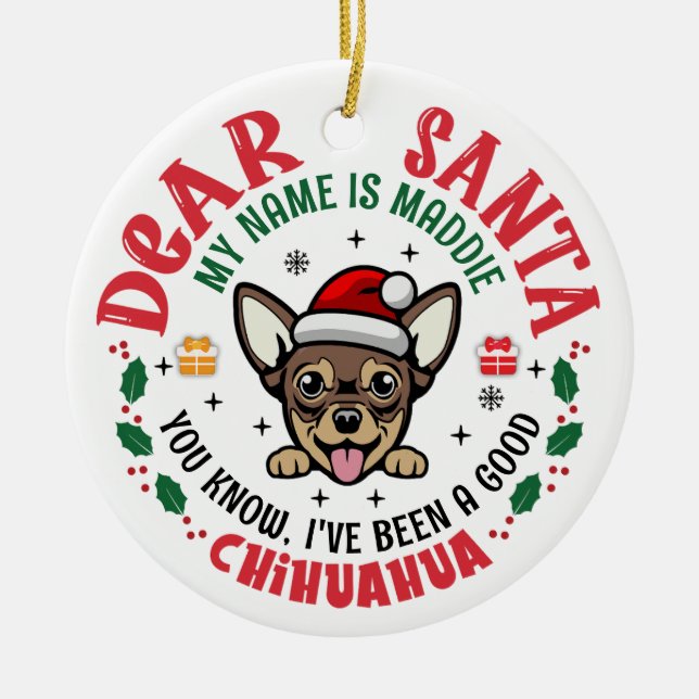 Personalised Chihuahua Dog Christmas Tree Round Ceramic Ornament (Front)