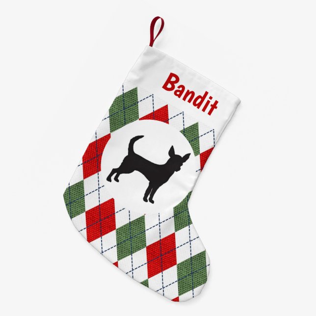 Personalised Chihuahua Red And Green Argyle Small Christmas Stocking (Front (Hanging))