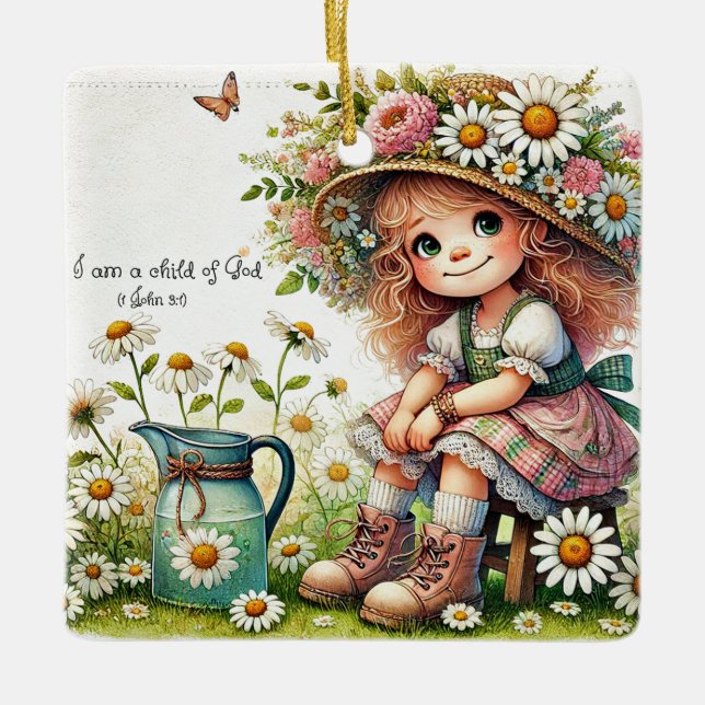 Personalised Child of God daisy girl Ceramic Ornament (Front)