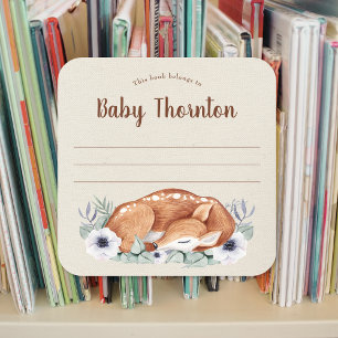 Personalised child's bookplate, woodland deer square sticker