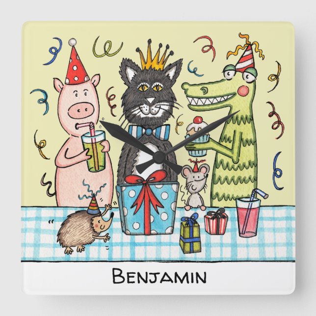Personalised Child's Party Animals Wall Clock (Front)