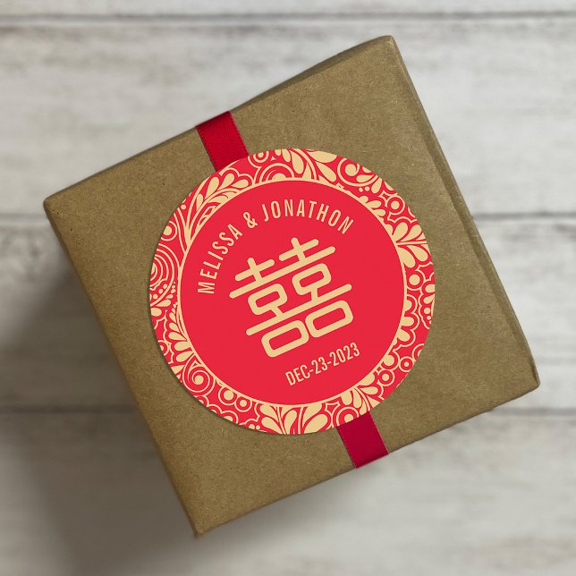 Personalised Chinese Wedding Double Happiness Classic Round Sticker (Creator Uploaded)