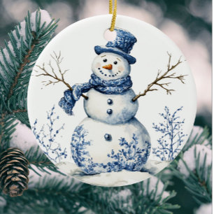Personalised Chinoiserie Blue White Snowman Ceramic Ornament