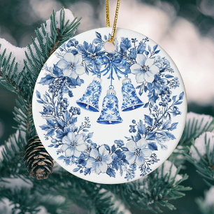 Personalised Chinoiserie Blue White Wreath Bells Ceramic Ornament