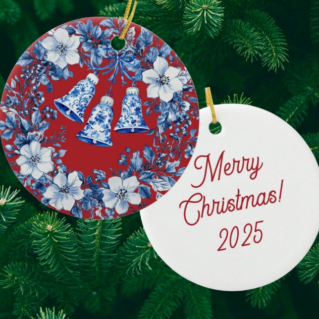 Personalised Chinoiserie Blue White Wreath Bells Ceramic Ornament (Personalize the back!)