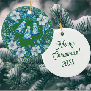 Personalised Chinoiserie Blue White Wreath Bells Ceramic Ornament