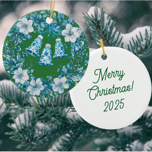 Personalised Chinoiserie Blue White Wreath Bells Ceramic Ornament (Personalize the back!)