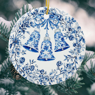 Personalised Chinoiserie Blue White Wreath Bells Ceramic Ornament