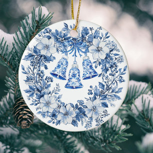 Personalised Chinoiserie Blue White Wreath Bells Ceramic Ornament