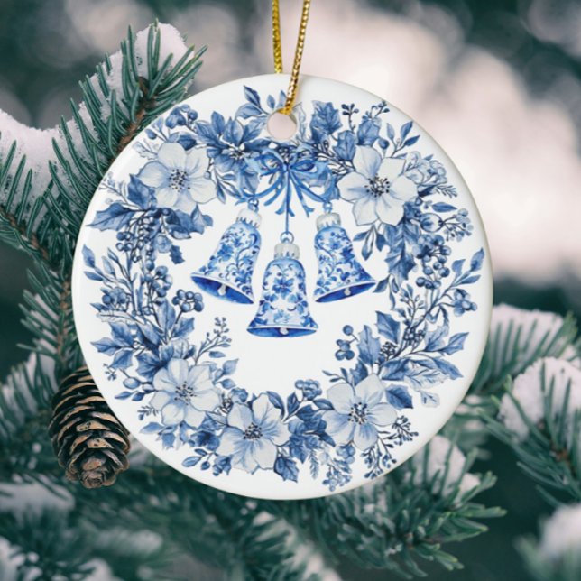Personalised Chinoiserie Blue White Wreath Bells Ceramic Ornament (Personalize the back!)