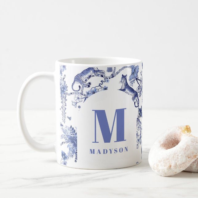 Personalised Chinoiserie Toile Jungle Blue White Coffee Mug (With Donut)