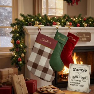 Personalised Chocolate Brown Buffalo Plaid Large Christmas Stocking
