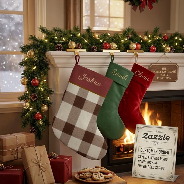 Personalised Chocolate Brown Buffalo Plaid  Large Christmas Stocking (Creator Uploaded)