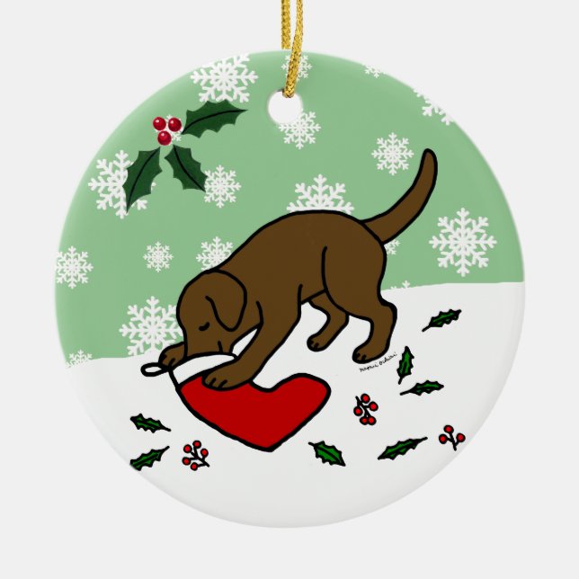 Personalised Chocolate Lab Christmas Cartoon Ceramic Ornament (Front)