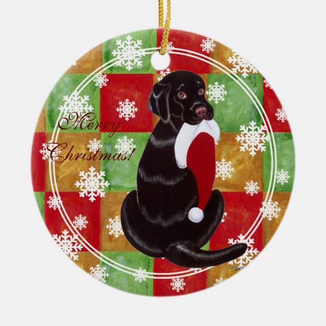 Personalised Chocolate Lab Christmas Santa Hat Ceramic Ornament (Front)