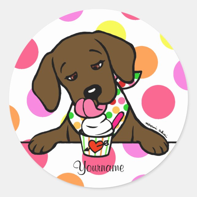 Personalised Chocolate Lab Puppy Ice Cream Classic Round Sticker (Front)