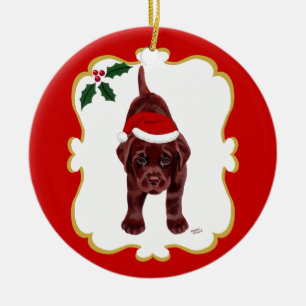 Personalised Chocolate Lab Puppy with Santa Hat 2 Ceramic Ornament