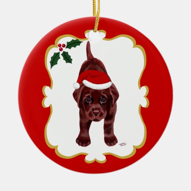 Personalised Chocolate Lab Puppy with Santa Hat 2 Ceramic Ornament (Front)